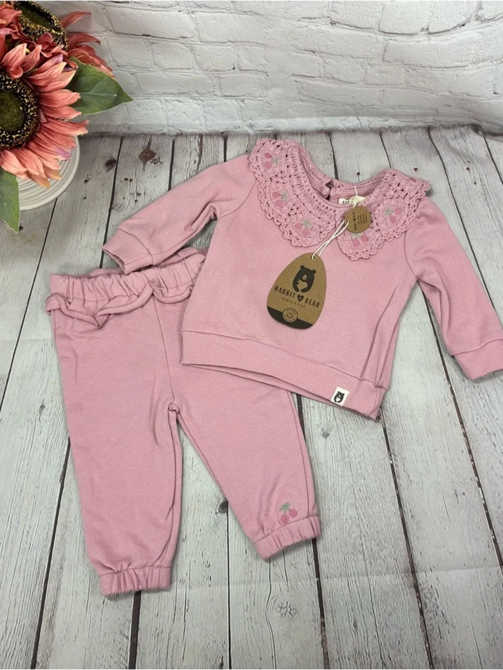 NWT Rabbit & Bear dusty Pink Crochet Collar Sweatshirt Set 3-6M cottage crochet